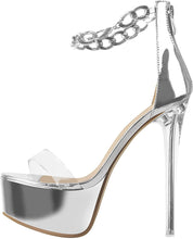 Load image into Gallery viewer, Silver Chain Open Toe Ankle Strap Sandals