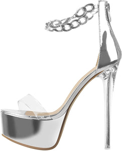 Silver Chain Open Toe Ankle Strap Sandals