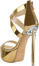 Load image into Gallery viewer, Gold Clear Heel Open Toe Ankle Strap Sandals
