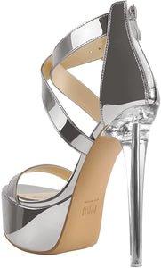 Silver Clear Heel Open Toe Ankle Strap Sandals