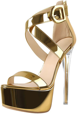 Gold Clear Heel Open Toe Ankle Strap Sandals
