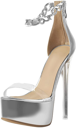 Silver Chain Open Toe Ankle Strap Sandals