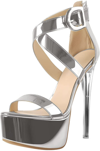 Silver Clear Heel Open Toe Ankle Strap Sandals