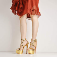 Load image into Gallery viewer, Platform Stiletto Gold Open Toe Crisscross Sandals