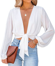 Load image into Gallery viewer, White V Neck Tie Front Knot Long Sleeve  Crop Top
