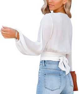 White V Neck Tie Front Knot Long Sleeve  Crop Top