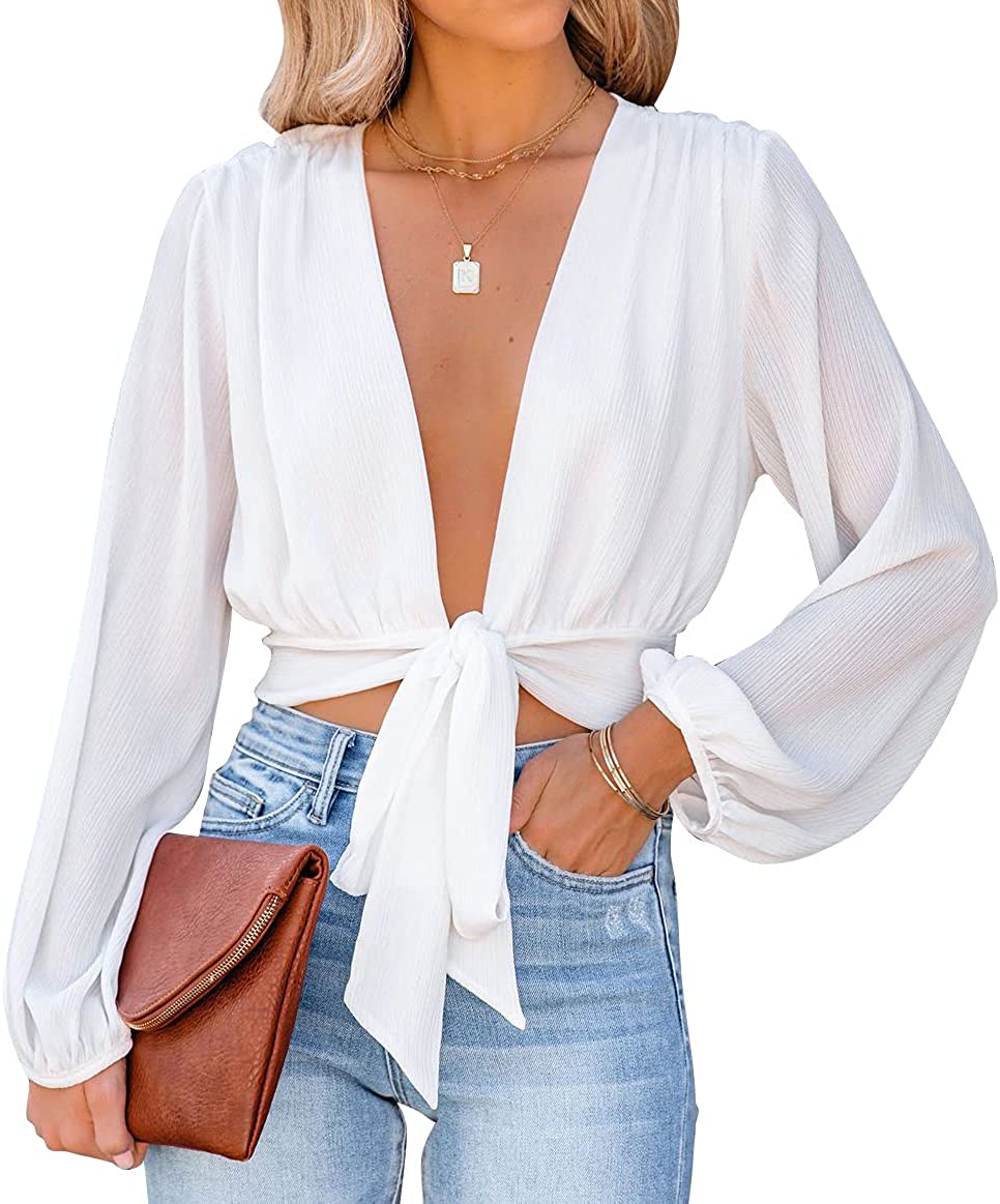 White V Neck Tie Front Knot Long Sleeve  Crop Top