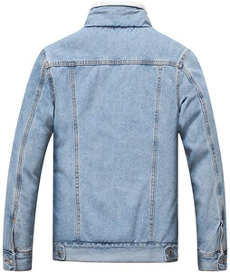 Men's Light Blue Fleece Jean Winter Cotton Sherpa Lined Denim Trucker Jacket