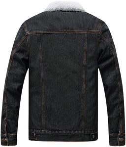 Men's Black Fleece Jean Winter Cotton Sherpa Lined Denim Trucker Jacket