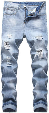 Men's Oxford Blue Ripped Jeans Slim Fit Denim Pants