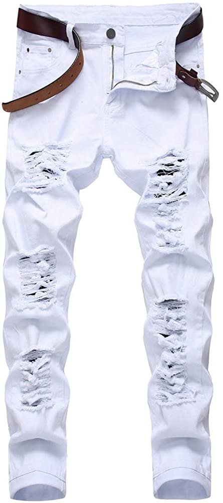 Men's White Ripped Jeans Slim Fit Denim Pants