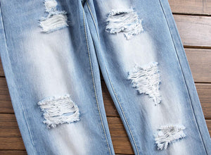 Men's Azure Blue Ripped Jeans Slim Fit Denim Pants