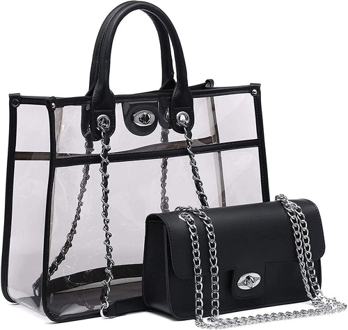 Large Black Clear Tote Bag with Turn Lock Closure