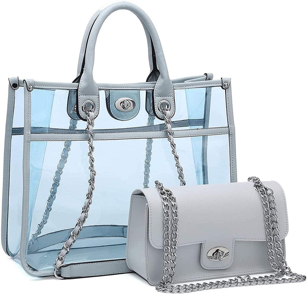 Large Blue Clear Tote Bag with Turn Lock Closure