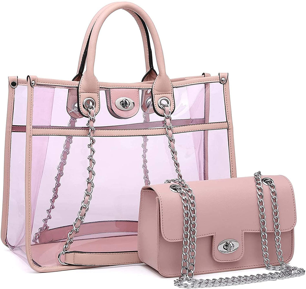 Large Pink Clear Tote Bag with Turn Lock Closure