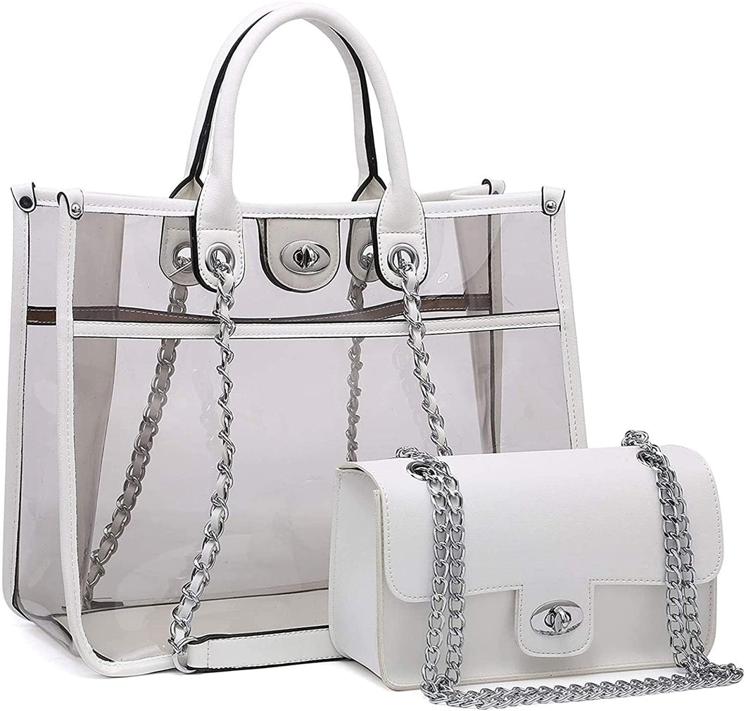 Large White Clear Tote Bag with Turn Lock Closure