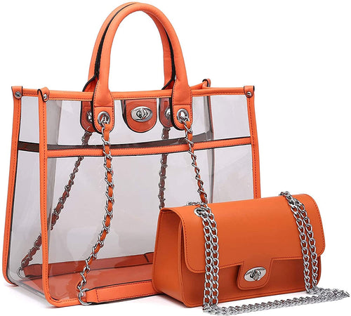 Large Orange Clear Tote Bag with Turn Lock Closure