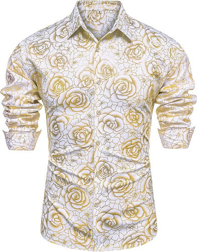 Shiny White 3D Rose Gold Printed Long Sleeve Slim Fit Shirt