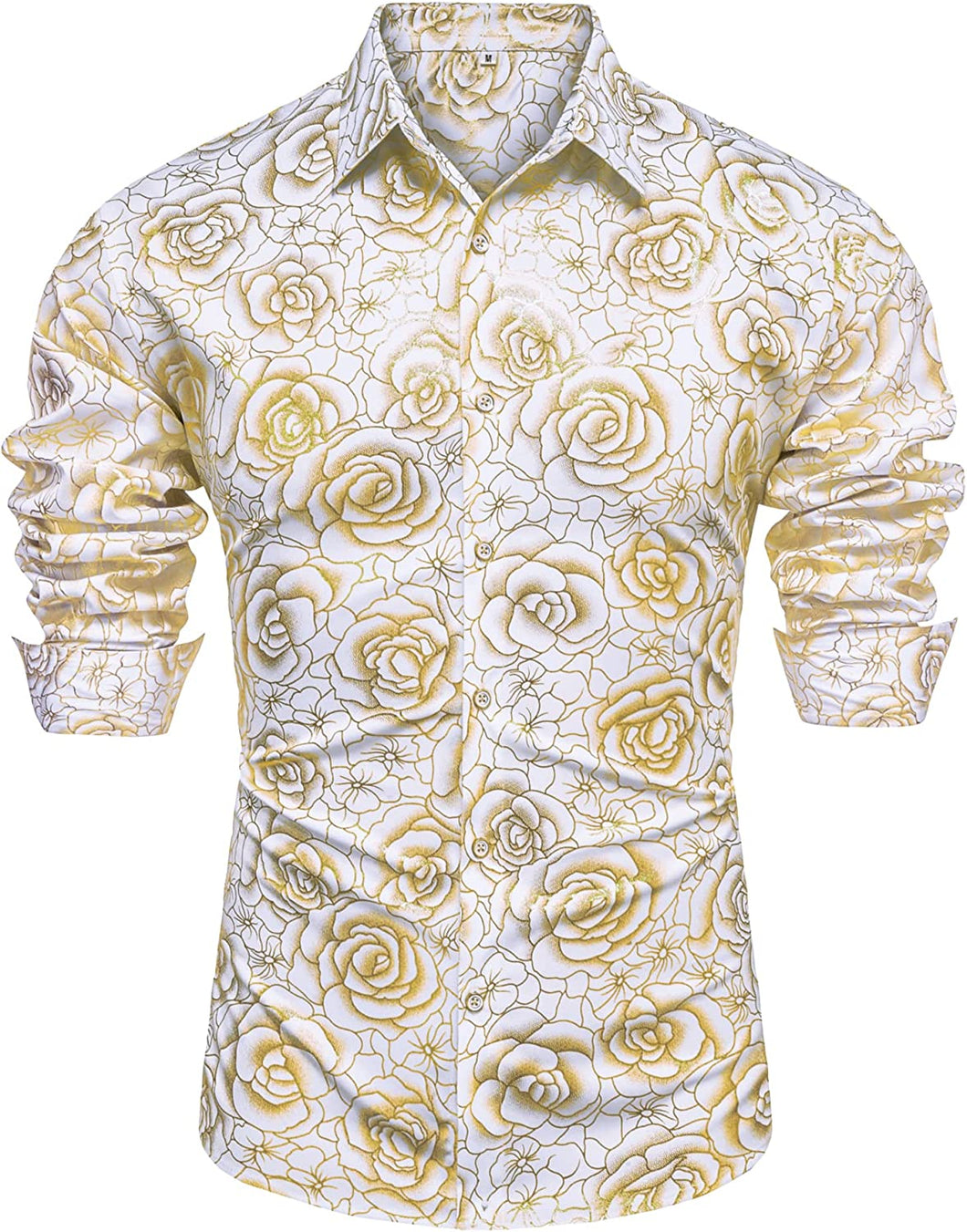 Shiny White 3D Rose Gold Printed Long Sleeve Slim Fit Shirt