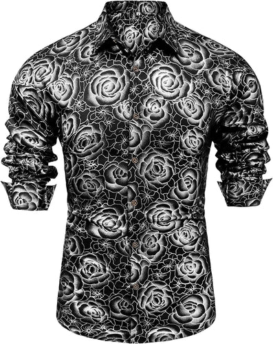 Shiny Silver 3D Rose Gold Printed Long Sleeve Slim Fit Shirt