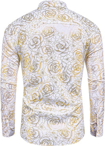 Shiny Silver 3D Rose Gold Printed Long Sleeve Slim Fit Shirt