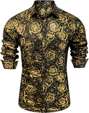 Shiny Gold 3D Rose Gold Printed Long Sleeve Slim Fit Shirt