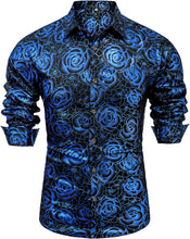 Load image into Gallery viewer, Shiny Blue 3D Rose Gold Printed Long Sleeve Slim Fit Shirt