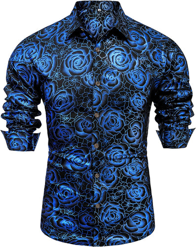 Shiny Blue 3D Rose Gold Printed Long Sleeve Slim Fit Shirt