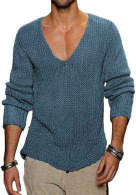 Men's Knit Blue V Neck Long Sleeve Pullover Sweater