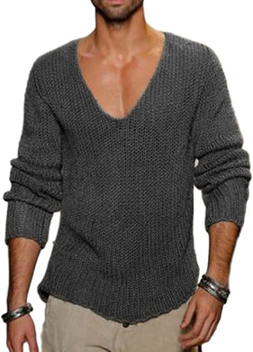 Men's Knit Grey V Neck Long Sleeve Pullover Sweater