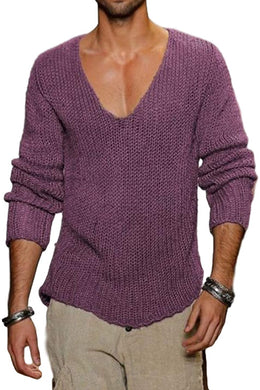 Men's Knit Purple V Neck Long Sleeve Pullover Sweater