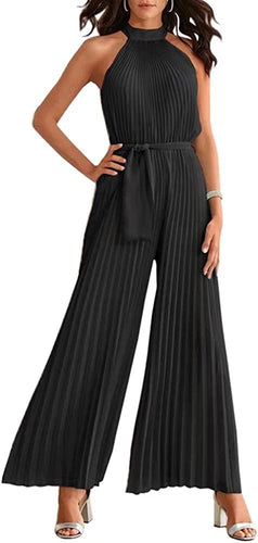 Pleated Chic Black Halter Sleeveless Jumpsuit