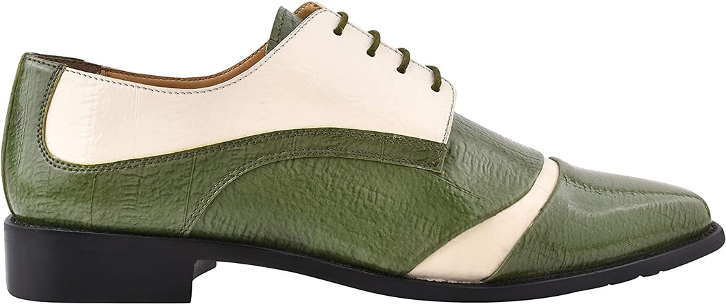 Men's Croco Ostrich Print Green/Beige Lace Up Dress Shoes
