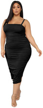 Load image into Gallery viewer, Ruched Black Spaghetti Strap Side Split Plus Size Maxi Dress