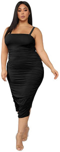 Ruched Black Spaghetti Strap Side Split Plus Size Maxi Dress