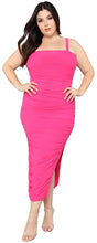 Load image into Gallery viewer, Ruched Black Spaghetti Strap Side Split Plus Size Maxi Dress