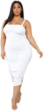 Load image into Gallery viewer, Ruched Black Spaghetti Strap Side Split Plus Size Maxi Dress