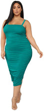 Load image into Gallery viewer, Ruched Black Spaghetti Strap Side Split Plus Size Maxi Dress