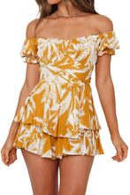 Load image into Gallery viewer, Summer Leaves White Ruffled Off Shoulder Shorts Romper