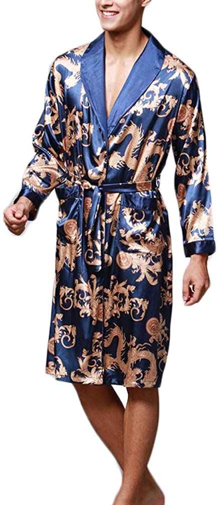 Men's Blue Satin Kimono Silk Long Sleeve Robe