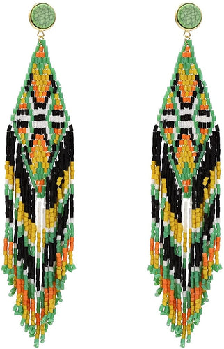 Boho Handmade Green Long Beaded Tassel Earrings