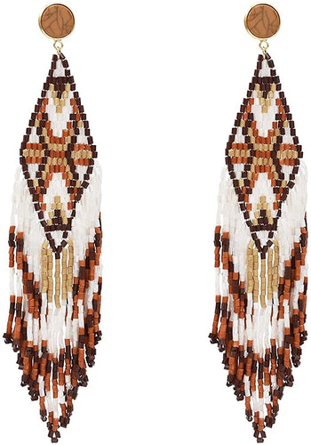 Boho Handmade Brown Long Beaded Tassel Earrings