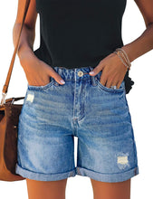 Load image into Gallery viewer, Distressed Jeans Blue High Waist Ripped Denim Shorts