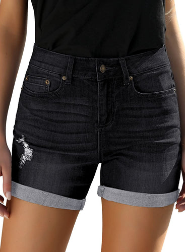 Distressed Jeans Faded Black High Waist Ripped Denim Shorts