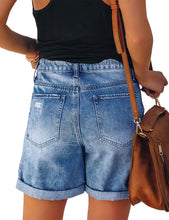 Load image into Gallery viewer, Distressed Jeans Blue High Waist Ripped Denim Shorts