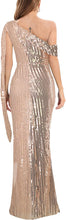 Load image into Gallery viewer, Beautiful Golden Sequin One Shoulder Thigh High Slit Maxi Dress