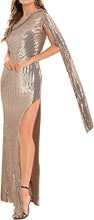 Load image into Gallery viewer, Beautiful Golden Sequin One Shoulder Thigh High Slit Maxi Dress