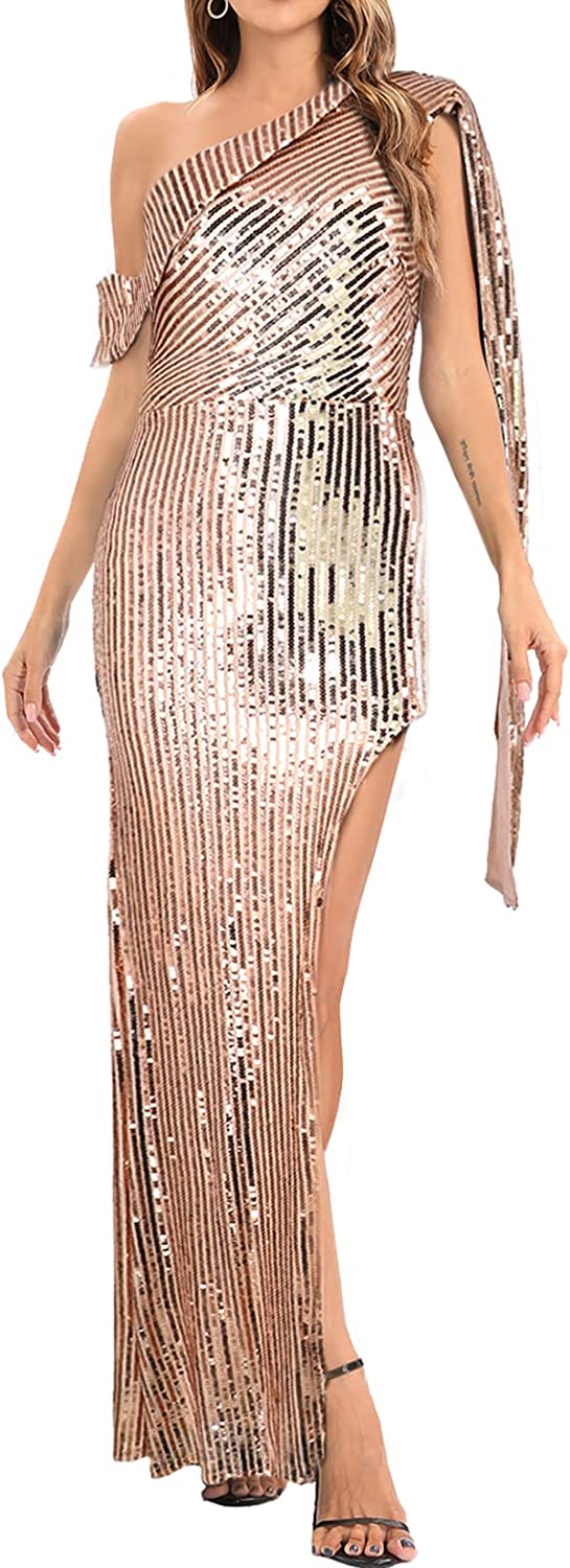 Beautiful Golden Sequin One Shoulder Thigh High Slit Maxi Dress