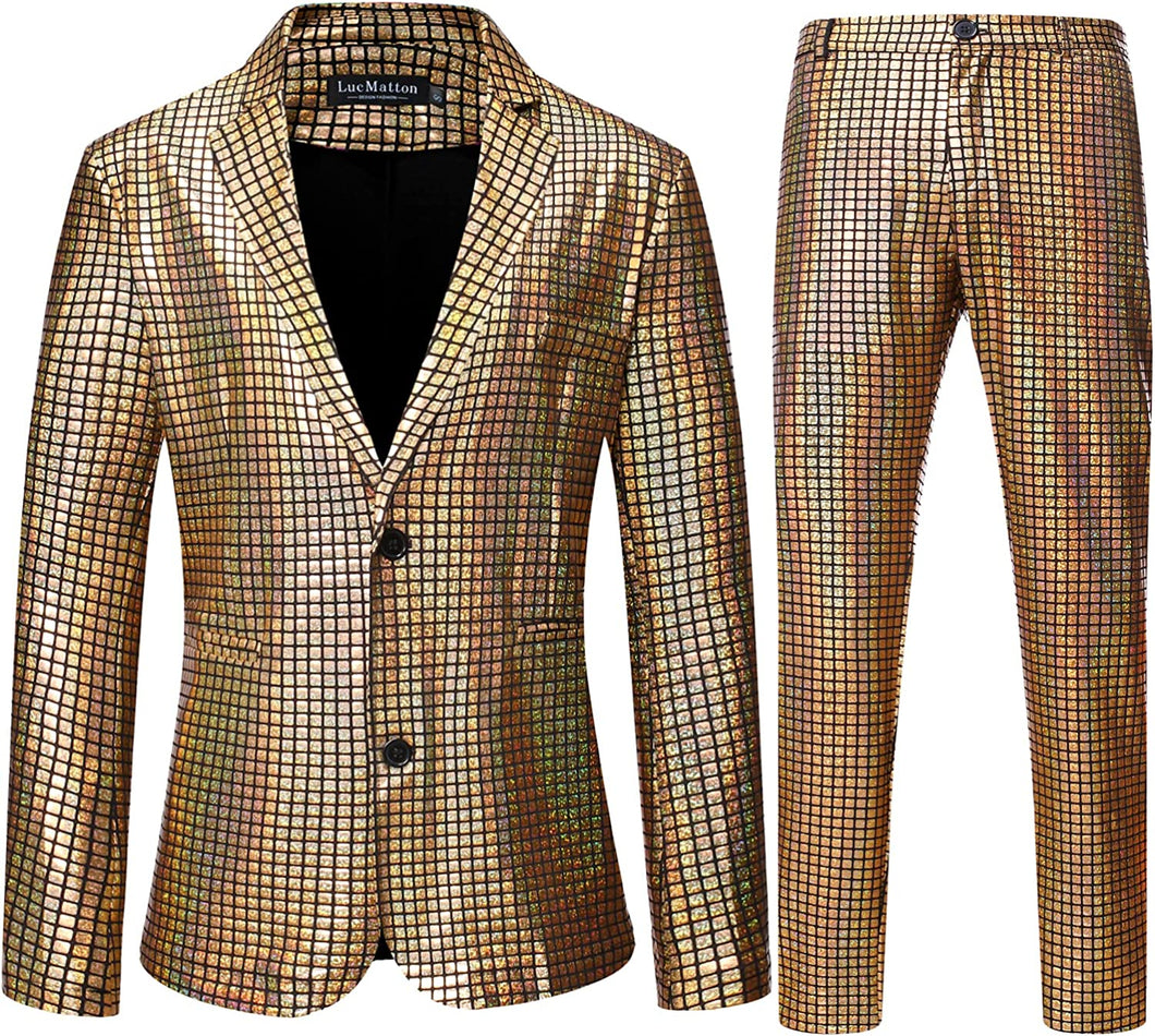 Men's Gold Shiny Jacket & Metallic Pants 2 Piece Sequin Sets