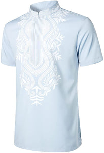 Traditional Printed Light Blue Short Sleeve Luxury Shirt